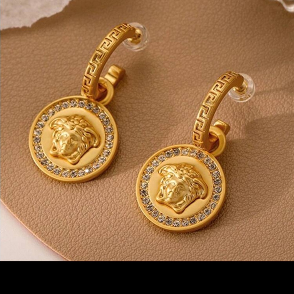 Versace Gold Medallion Lion Drop Earrings with Crystal Halo